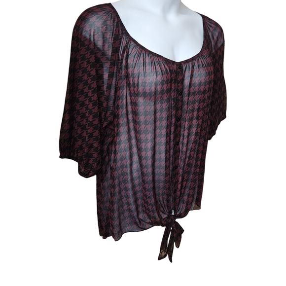 EMBER Plus Size Women's Burgundy Black Sheer Houndstooth Print Tie Front Blouse - Picture 3 of 13
